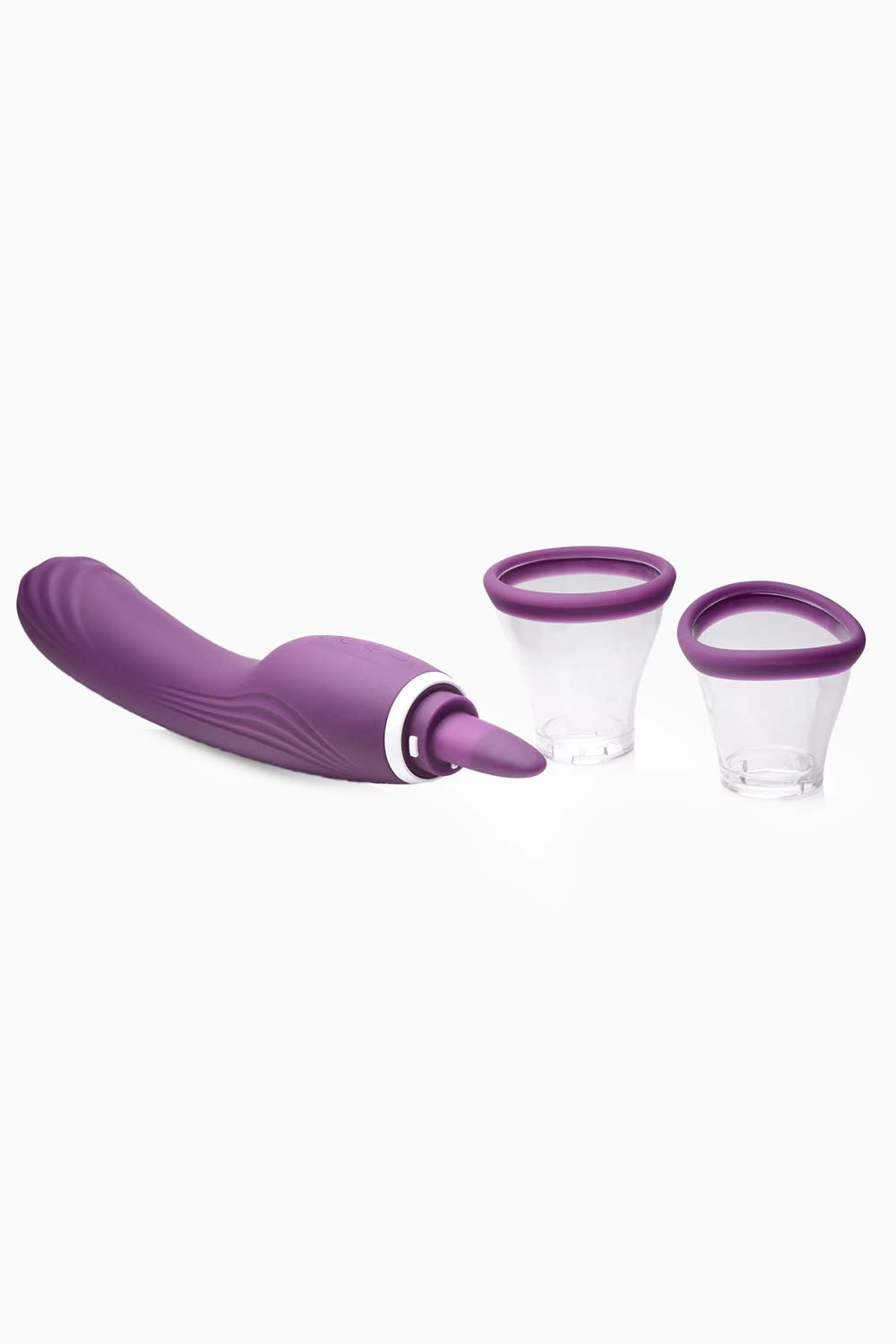 Estimulador oral con dos cabezales intercambiables para succión y lengua, adaptable a distintos tipos de placer