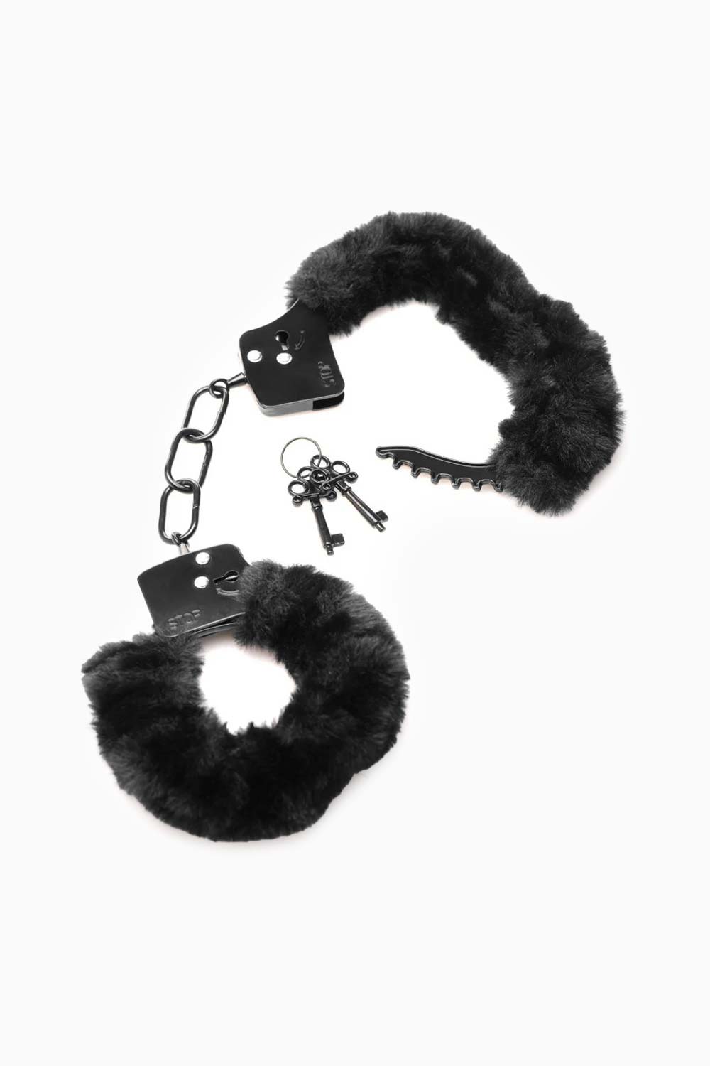 Esposas de metal recubiertas en felpa sintética negra, ajustables y con llaves para juegos BDSM cómodos y seguros